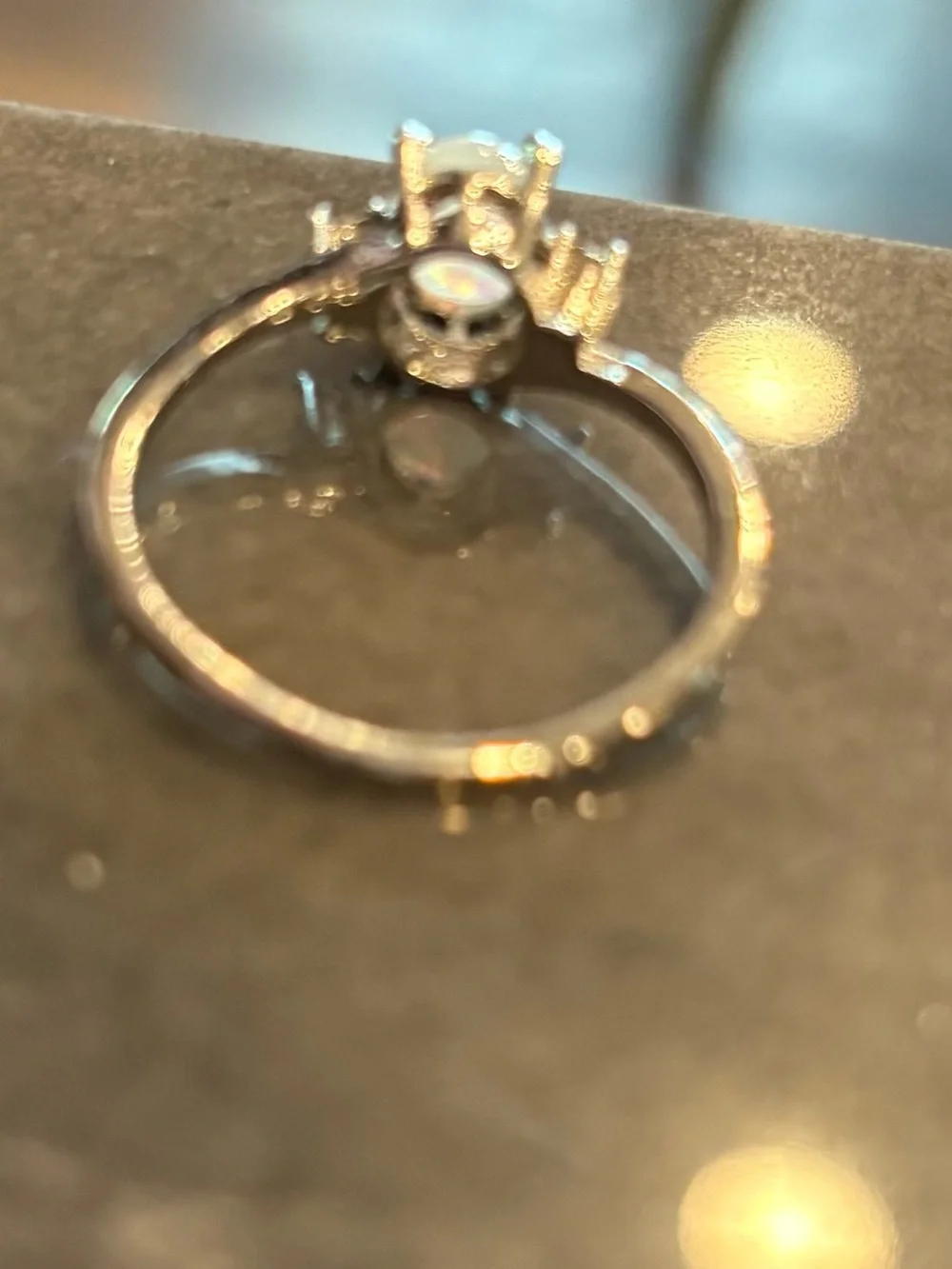 Silver Synthetic White Opal Solitaire Ring with Accent Stones~Size 10.5